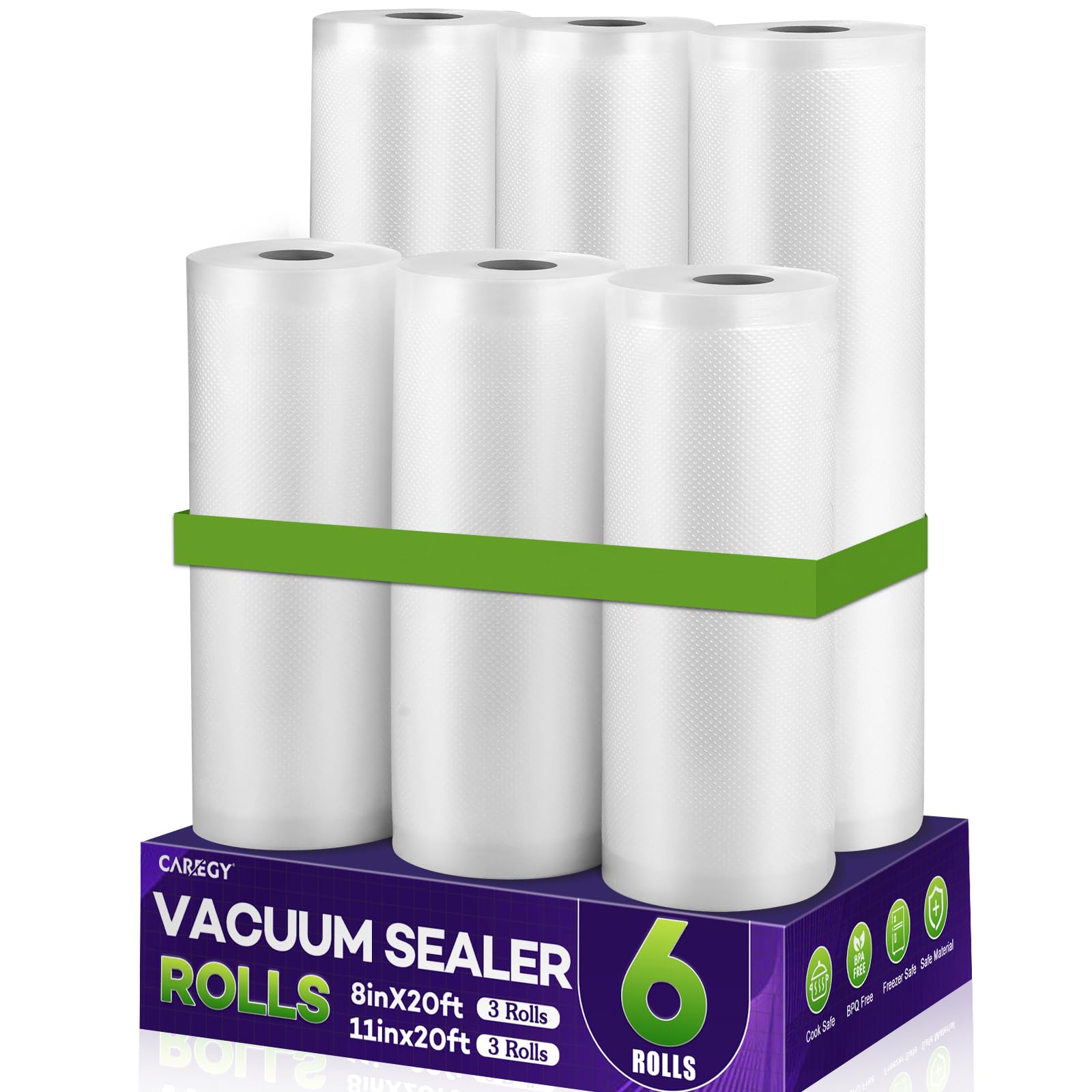 CAREGY Paquete de 6 bolsas selladoras al vacío de alimentos sin BPA, 3 rollos de 8 x 20 pies y 3 rollos de 11 x 20 pies en relieve para preparación de comidas, cocción al vacío y almacenamiento de