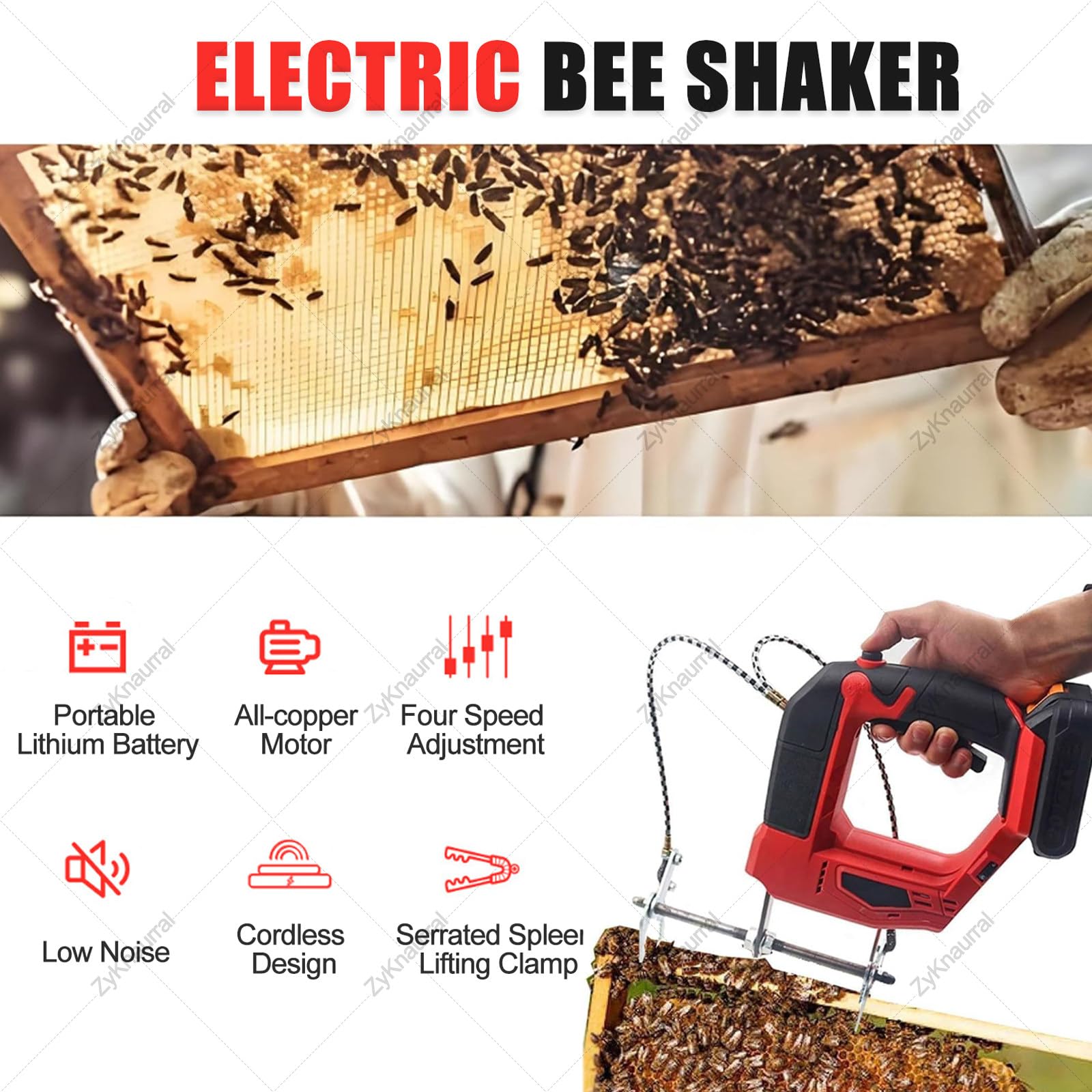 Wiederaufladbarer elektrischer Bienenentferner, kabelloser Bienen-Shaker, 4 einstellbare Geschwindigkeiten, Imkerwerkzeug, 2700 U/min, für Imkerfarmen (Rot)