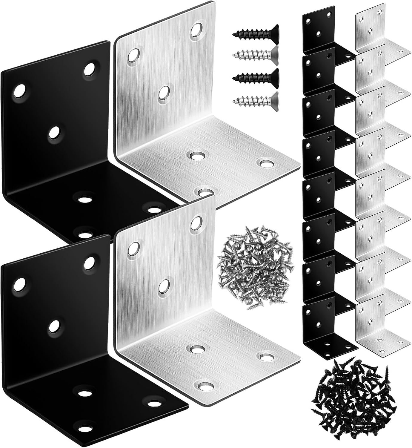 Corner Brackets and Screws Kit 140pcs Set 5cm X 5cm Black and Silver Metal Braces for Wood Furniture Repair Cabinet Raised Bed Table Frame