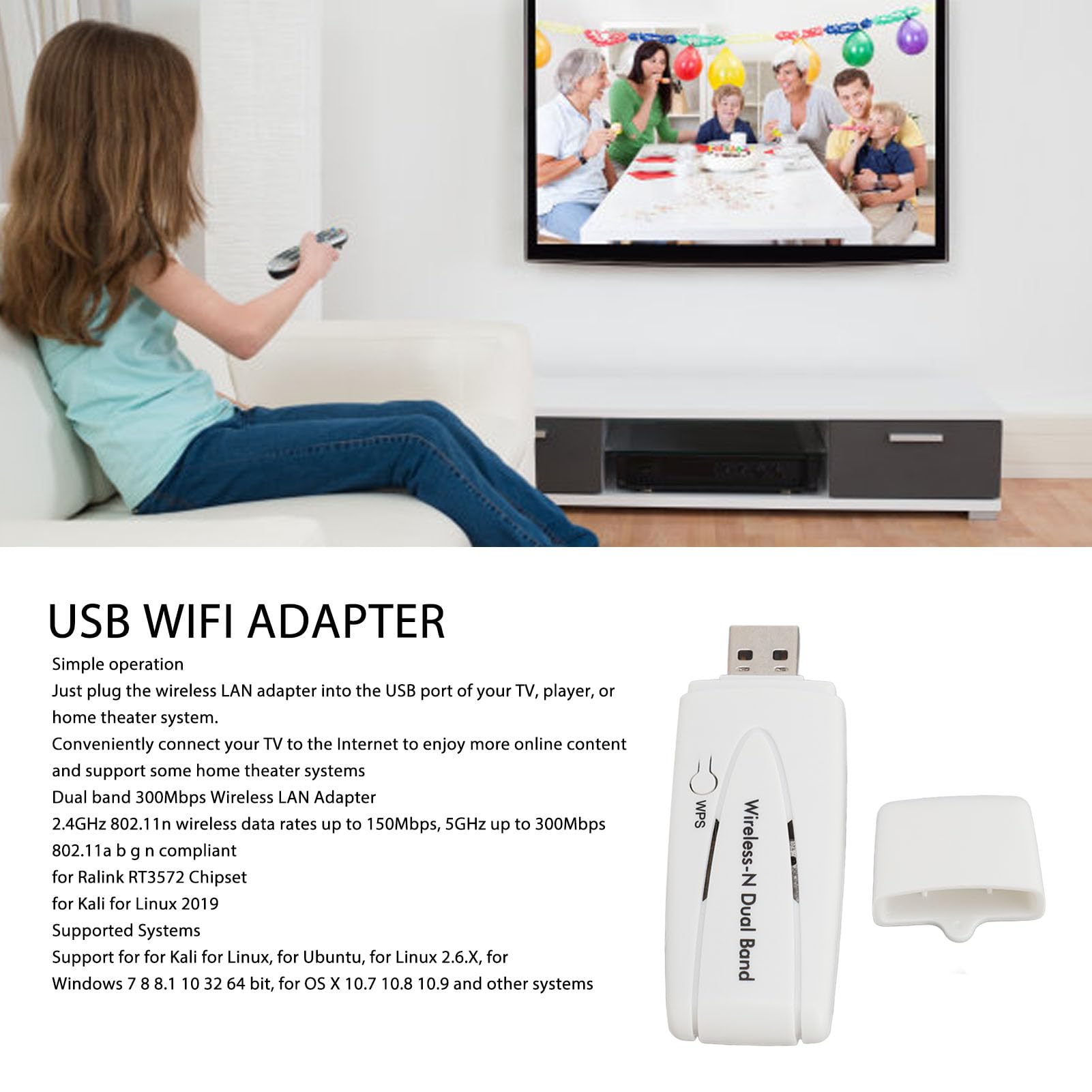 300Mbps Wire Less N Adapter, 2.4G/5.8G Dual Band USB Wi Fi Adapter, Ralink RT3572 Wi Fi Dongle for Kali, Linux, Ubuntu, 7 8 8.1 10 32 64 bit, OS X 10.7 10.8 10.9 and TVs
