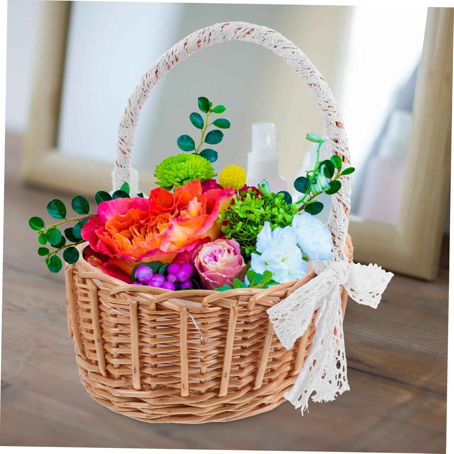 Delicate Lace Woven Flower Basket Handmade Portable Storage Container for Home Organization Stylish Decorative Bins with Sturdy Handles for Sundries Plant Display and Nursery Use