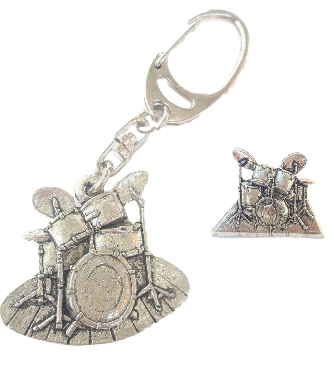 Smartbadge Drum Kit Pin Badge And Key ring Boxed Gift Set Handcrafted In Solid Pewter + 59mm Button Badge