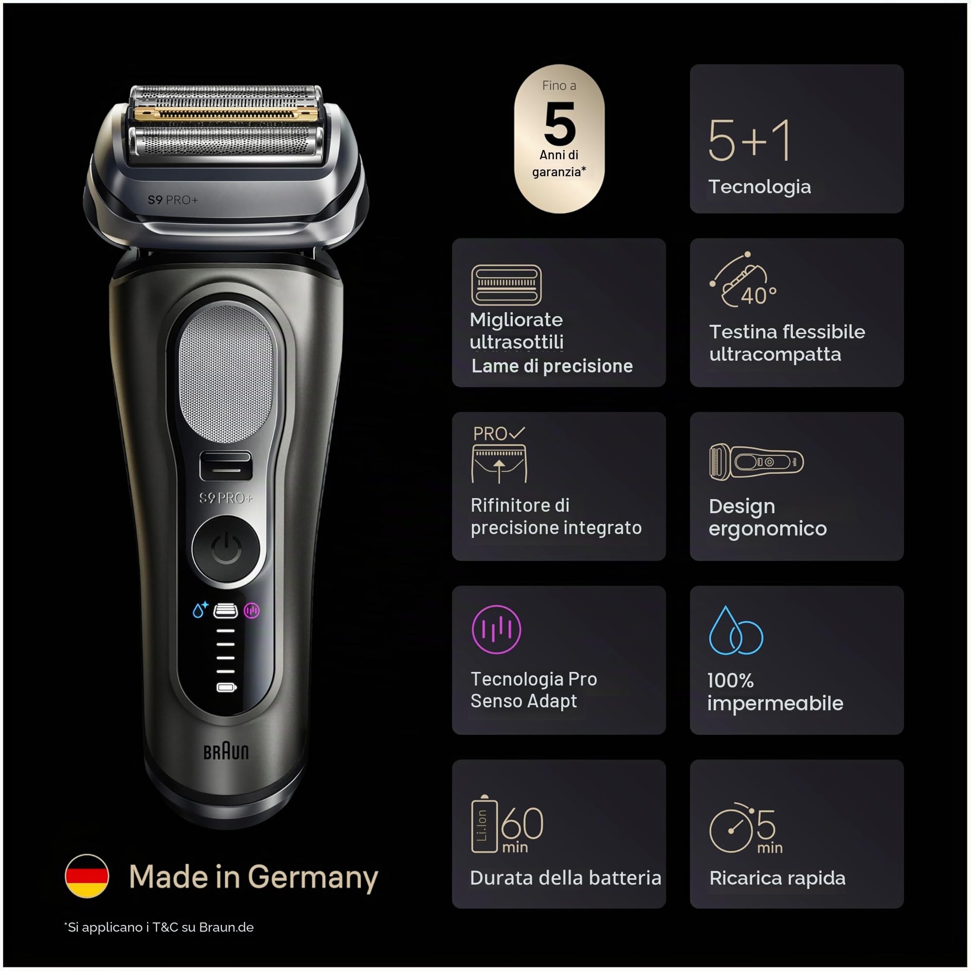 Braun Rasoio Elettrico Uomo Series 9+ PRO 9615S Argento, Impermeabile, Lame di Precisione Ultra-Sottile E Trimmer Pro Trimmer Per Rasare La Barba, Cofanetto Rasatura Con Custodia Da Viaggio