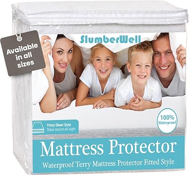 SlumberWell Terry Cotton Waterproof Fitted Mattress Protector, Breathable, Machine Washable Cover, Fits Upto 10 Inches Deep, Cot 33 x 75, White