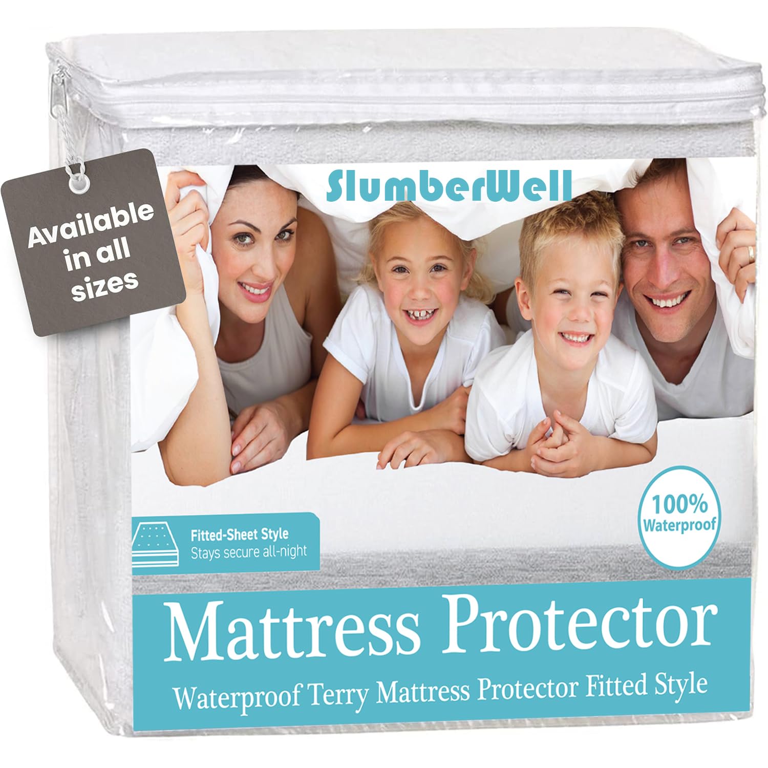SlumberWell Terry Cotton Waterproof Fitted Mattress Protector Breathable Machine Washable Cover Fits Upto 15 Inches Deep Queen White
