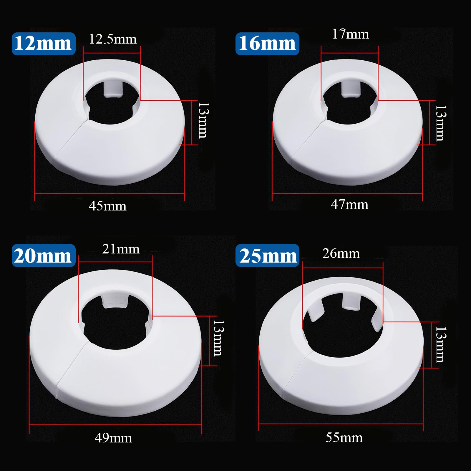 20 rosette per tubi di riscaldamento, 12 mm (ci sono quattro diverse dimensioni), singole rosette per radiatori, copertura per tubi in polipropilene, copertura per tubi dell'acqua, tubi del gas, ecc