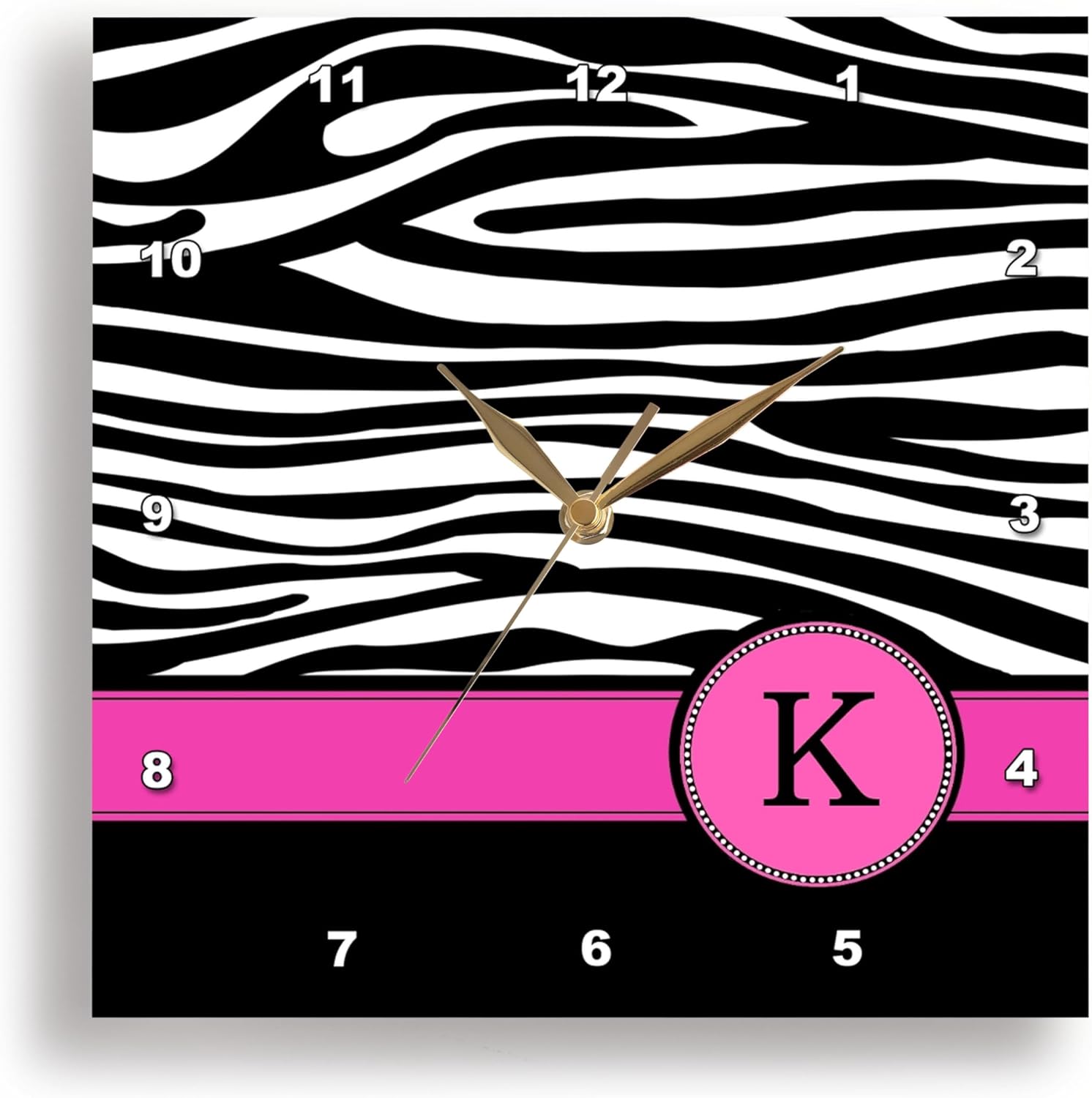 3dRose DPP_154282_2 Letter K Monogrammed Black and White Zebra Stripes Animal Print with Hot Pink Personalized Initial Wall Clock, 13 by 13-Inch