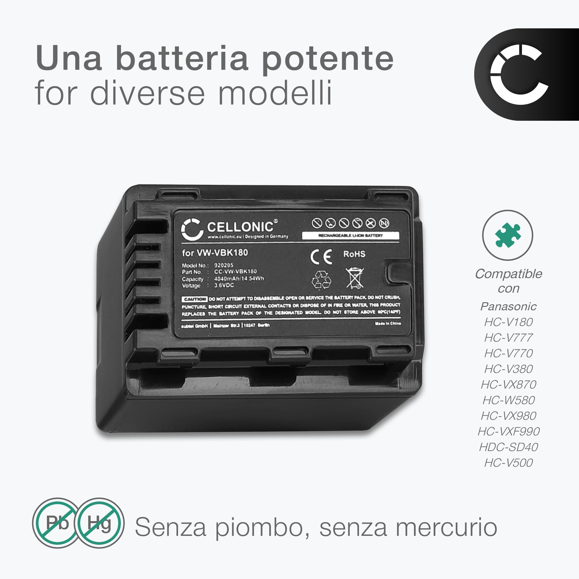 CELLONIC 1x Batteria per Fotocamera Compatibile con Panasonic HC-V180, HC-V777, HC-V380, VW-VBT190 – (4040mAh, 3.6V)