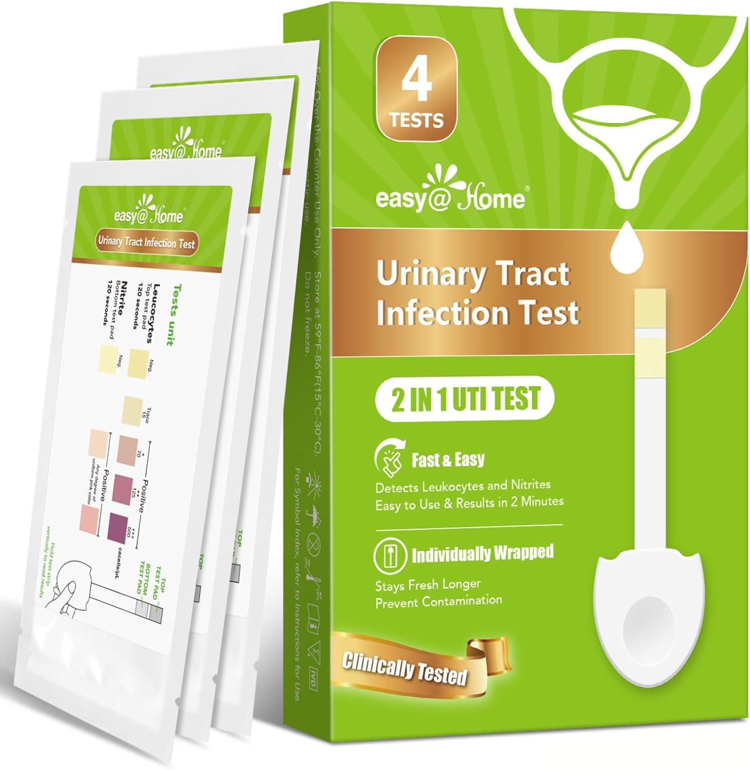 Easy@Home UTI Test Strips for Women: 4 Pack Highly Accurate UTI Test Strips Detect Urinary Tract Infection, Urine Testing Kit Individually Wrapped, Rapid Urinalysis Results