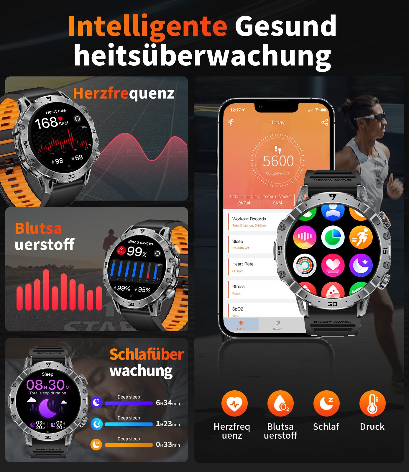 LIGE Smartwatch Herren Militär, 1000mAH Großer Akku, 1,7”HD Großes Display mit Telefonfunktion, LED Taschenlampe Fitnessuhr mit 110+ Sportmodi, Herz-/Schlaftracking,IP68 Sportuhr iOS/Android,Schwarz