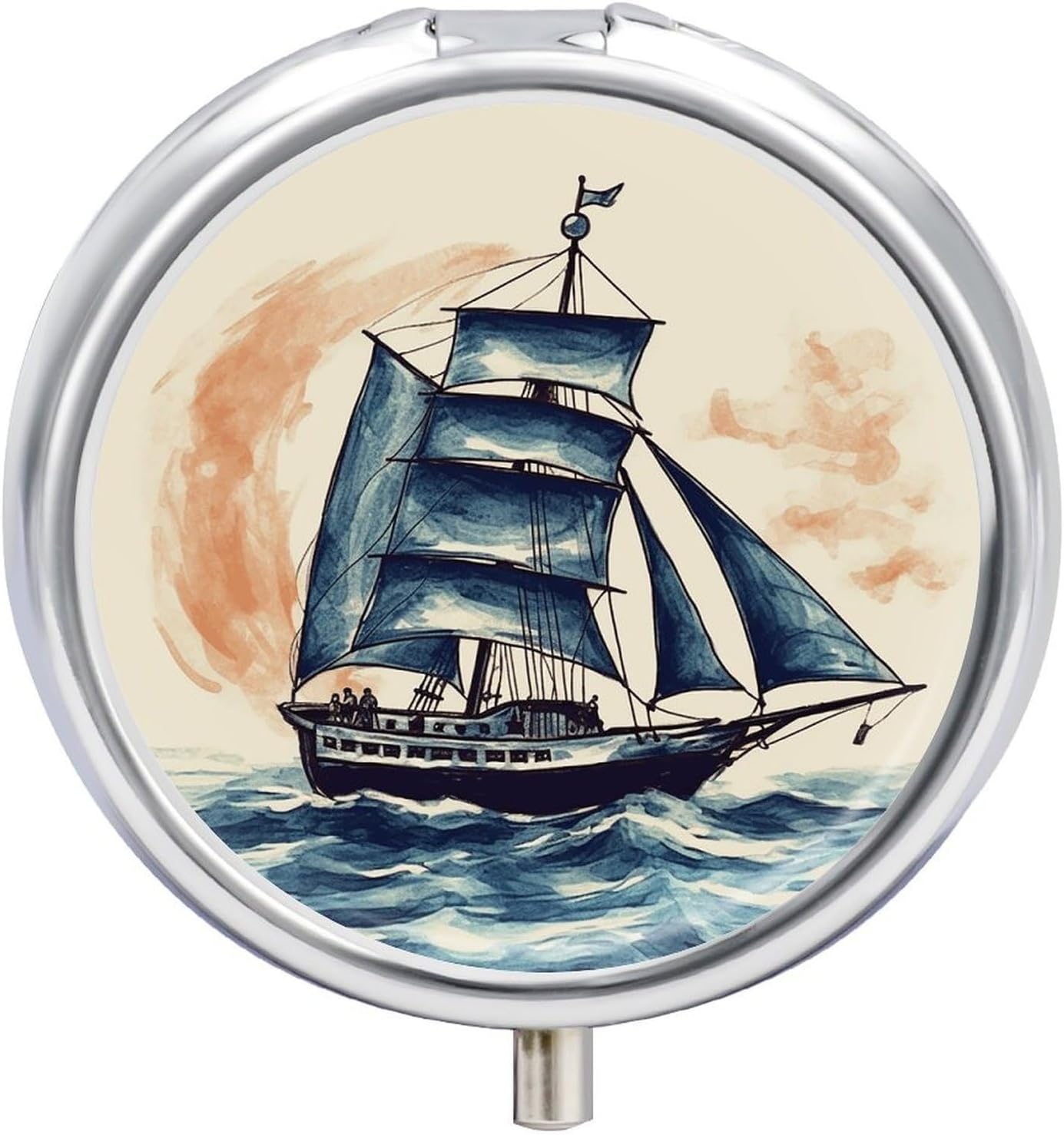 Sailboat Round Pill Box with 3 Compartments & Mirror