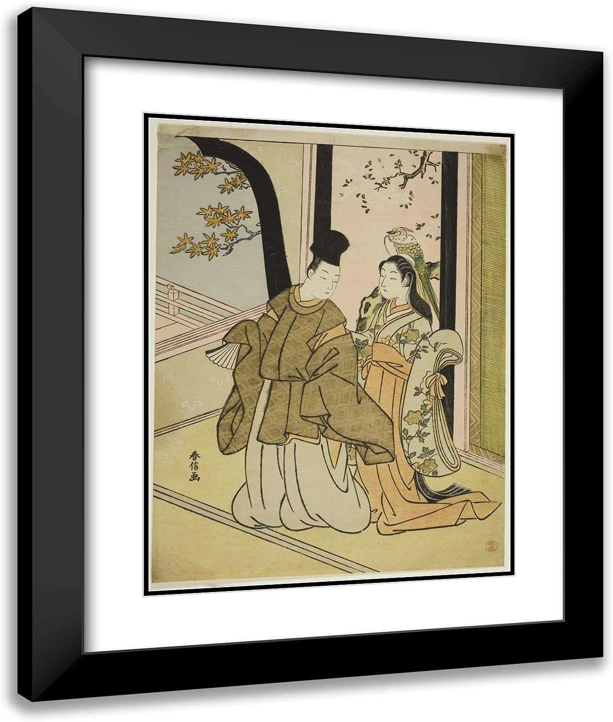 ArtDirect Suzuki Harunobu 20x24 Black Modern Framed and Double Matted Art Print Titled Courtier and Lady