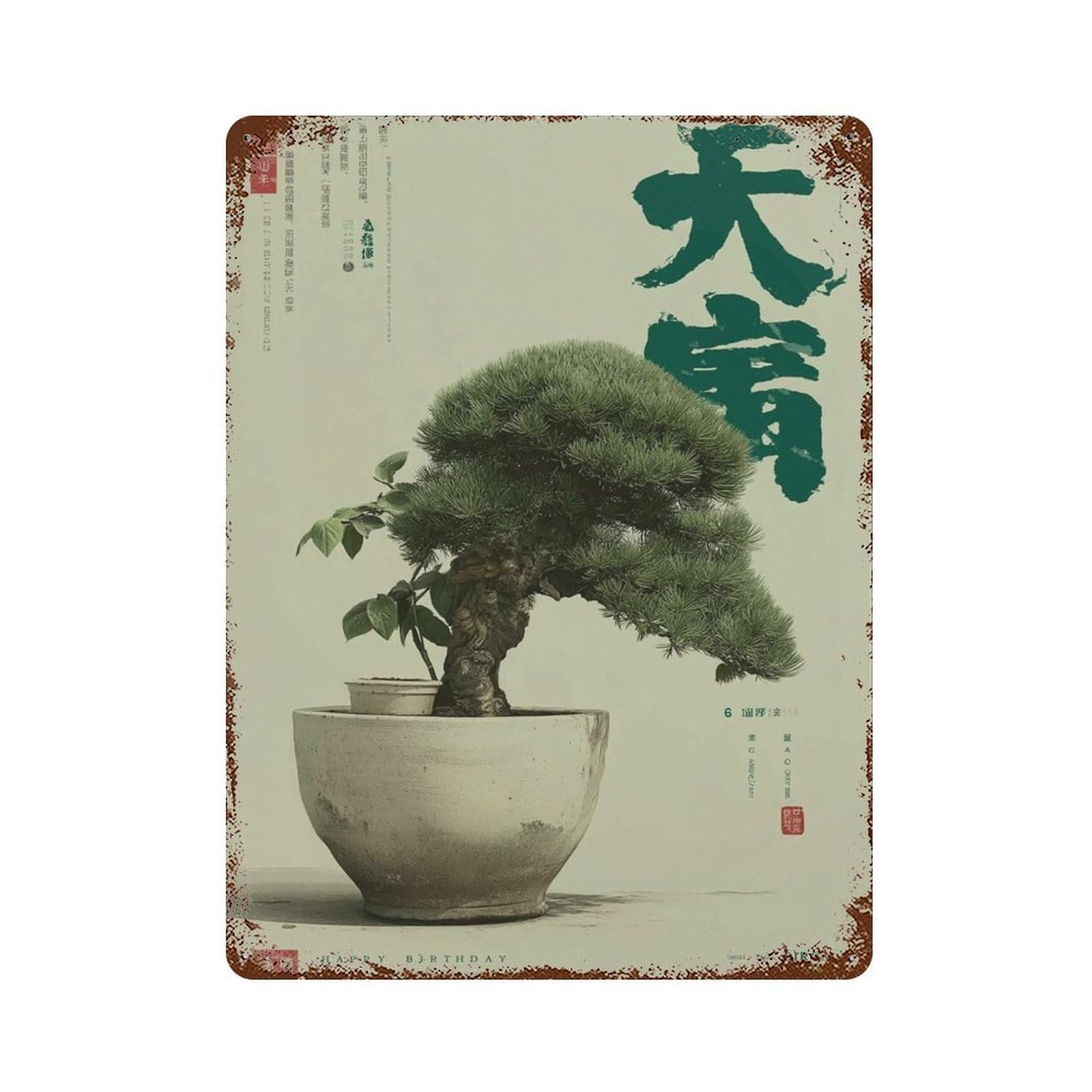 xiaoxiaoshen Bonsai Tree Japanese Zen Minimalist Green Botanical Asian Calligraphy Work Wabi Wall Decor Art Metal Tin Poster Modern Home Decor Art Home Bar Shop Decorations Vintage Sign 40x30cm