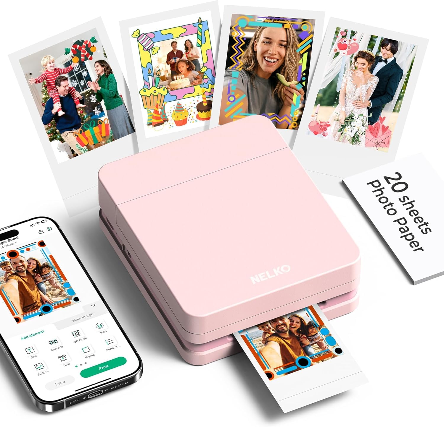 Nelko PP01 Stampante Fotografica Portatile, Mini Stampante a Colori per Stampa Foto dal Cellulare, Stampante Istantanea con 20 Carte per Foto Adesive, App di Modifica, Compatibile iOS/Android, Rosa