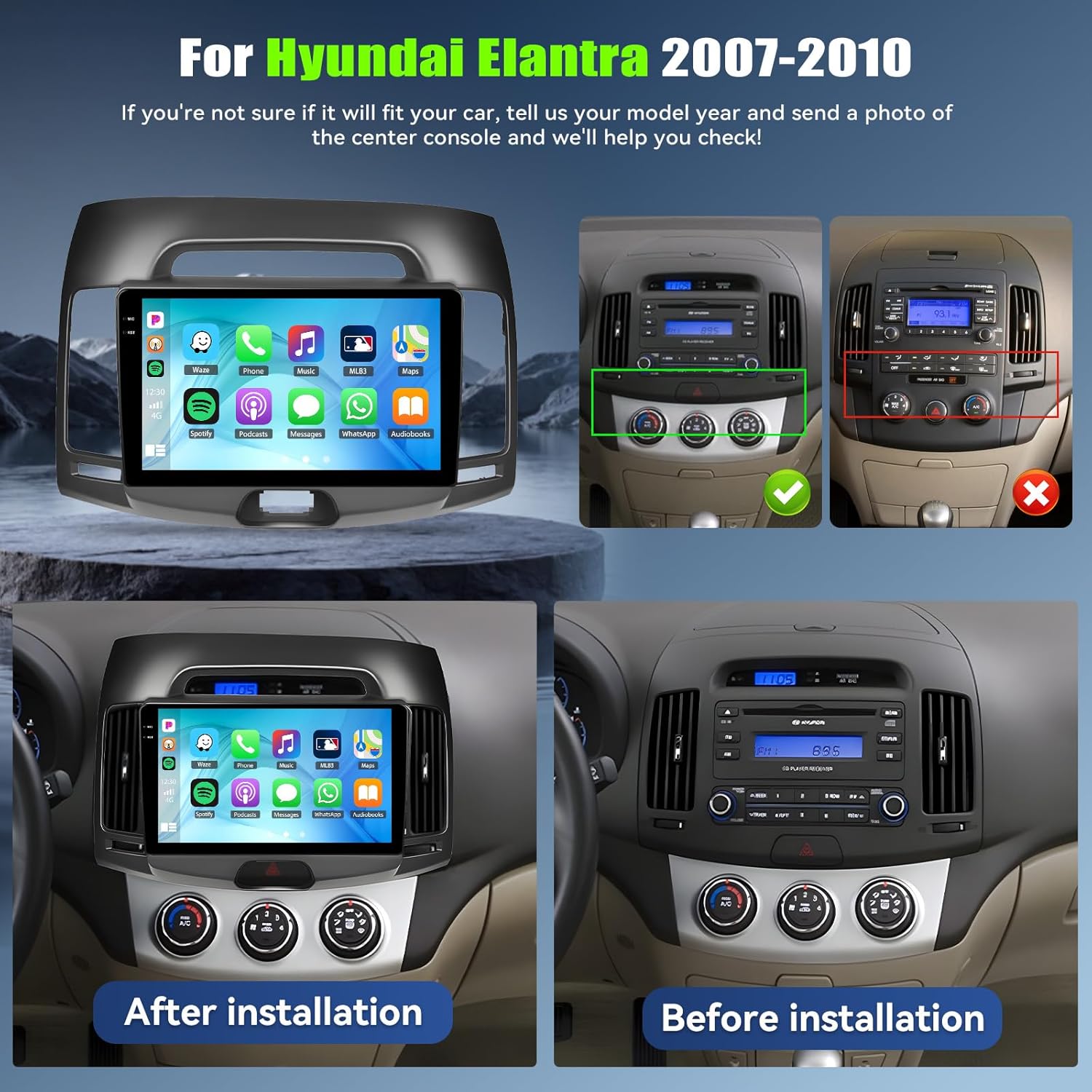 4+64G Android 15 Car Stereo for Hyundai Elantra 2007-2010 with Wireless Carplay Android Auto, 9 inch 1280 * 720P IPS Touchscreen Bluetooth5.0 Car Radio Support GPS WiFi AHD Rear Camera FM RDS EQ