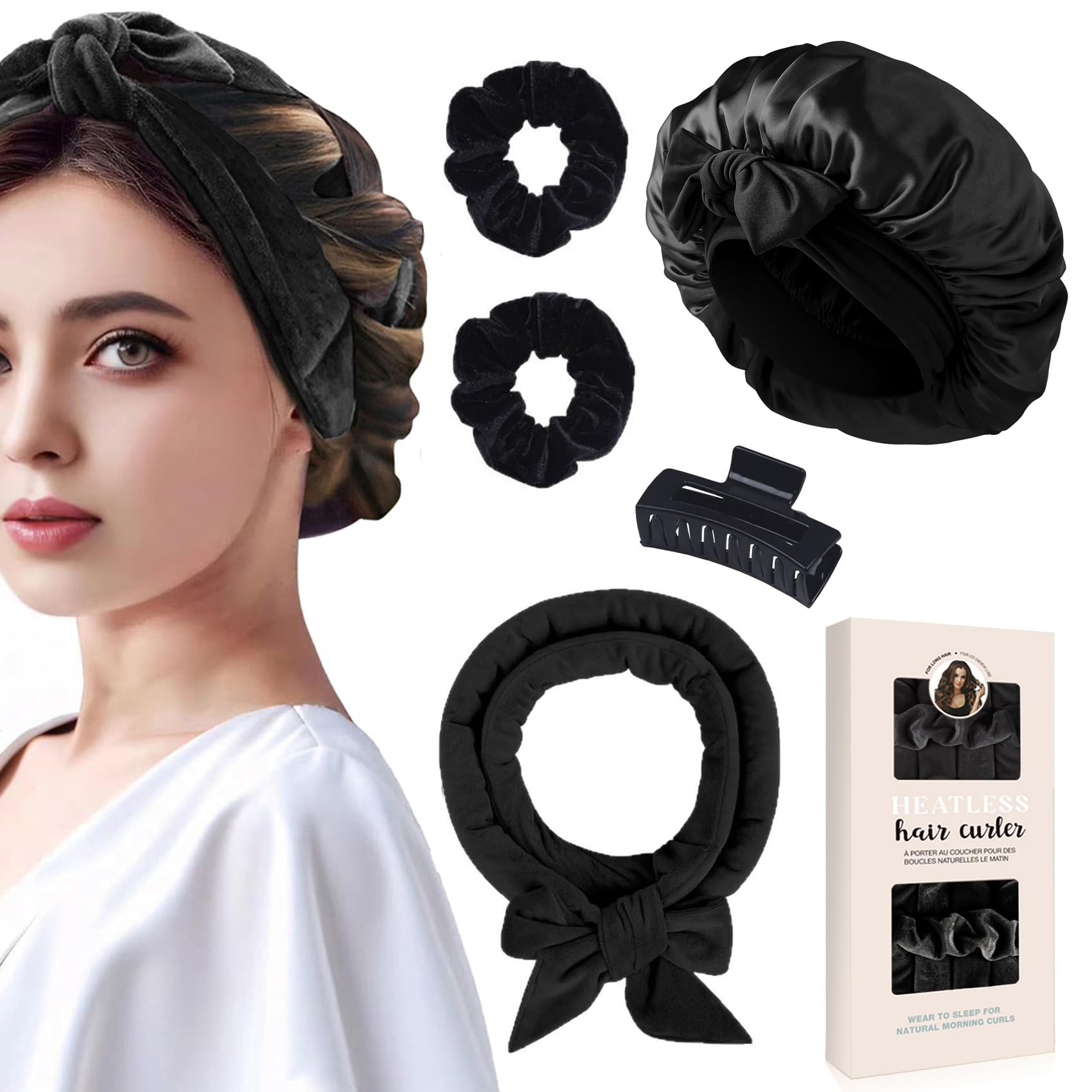 5 Pcs Ferro Arricciacapelli Senza Calore, Bigodini per Styling Capelli, Set di Bigodini per Capelli e Cuffia,Fascia Morbida Curler Arricciacapelli per Capelli Medi Lunghi-Nero