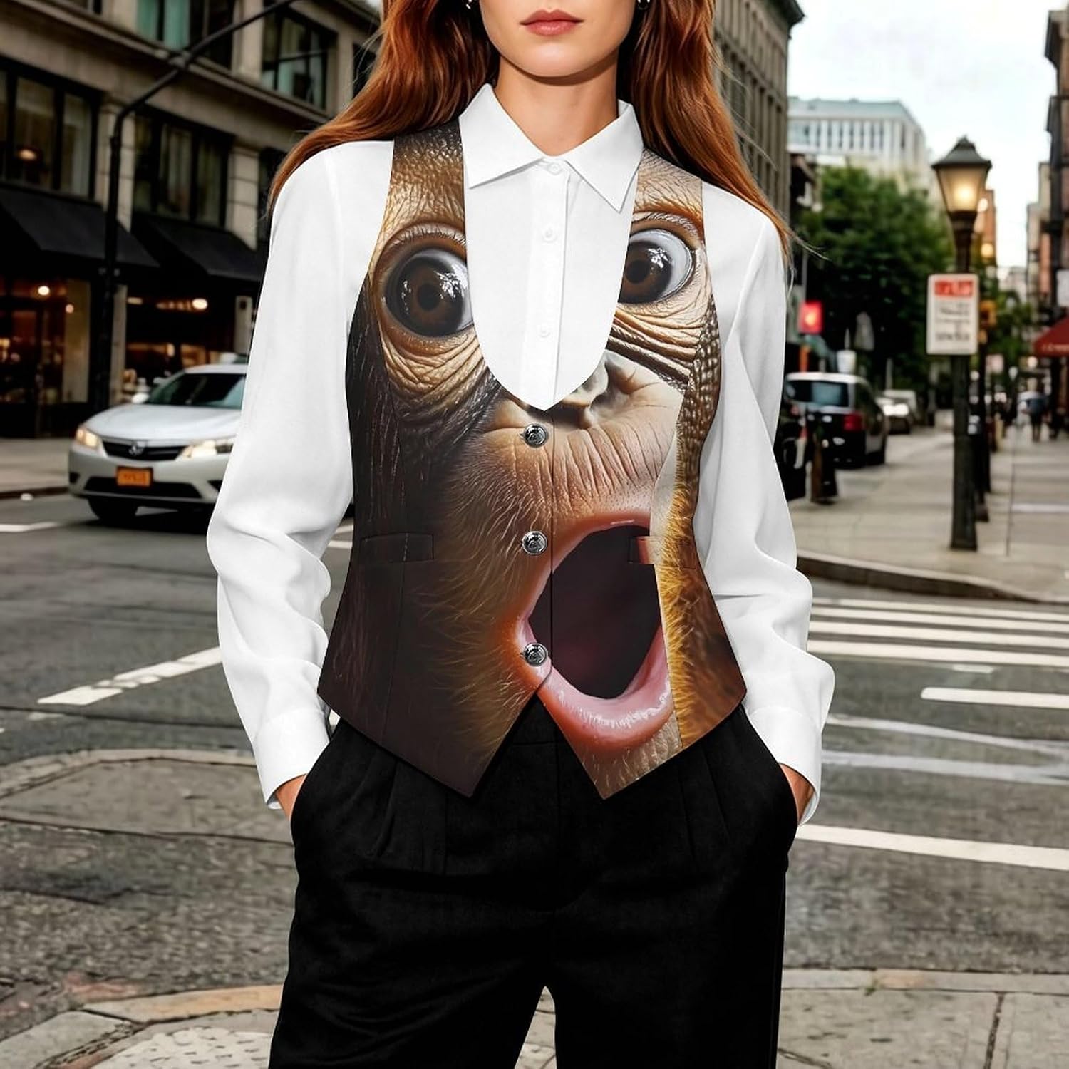 Orangutans Monkeys Big Face Women's Tuxedo Waistcoat Suit Vest | 3 Button V-Neck Slim Fit Casual Sleeveless Top
