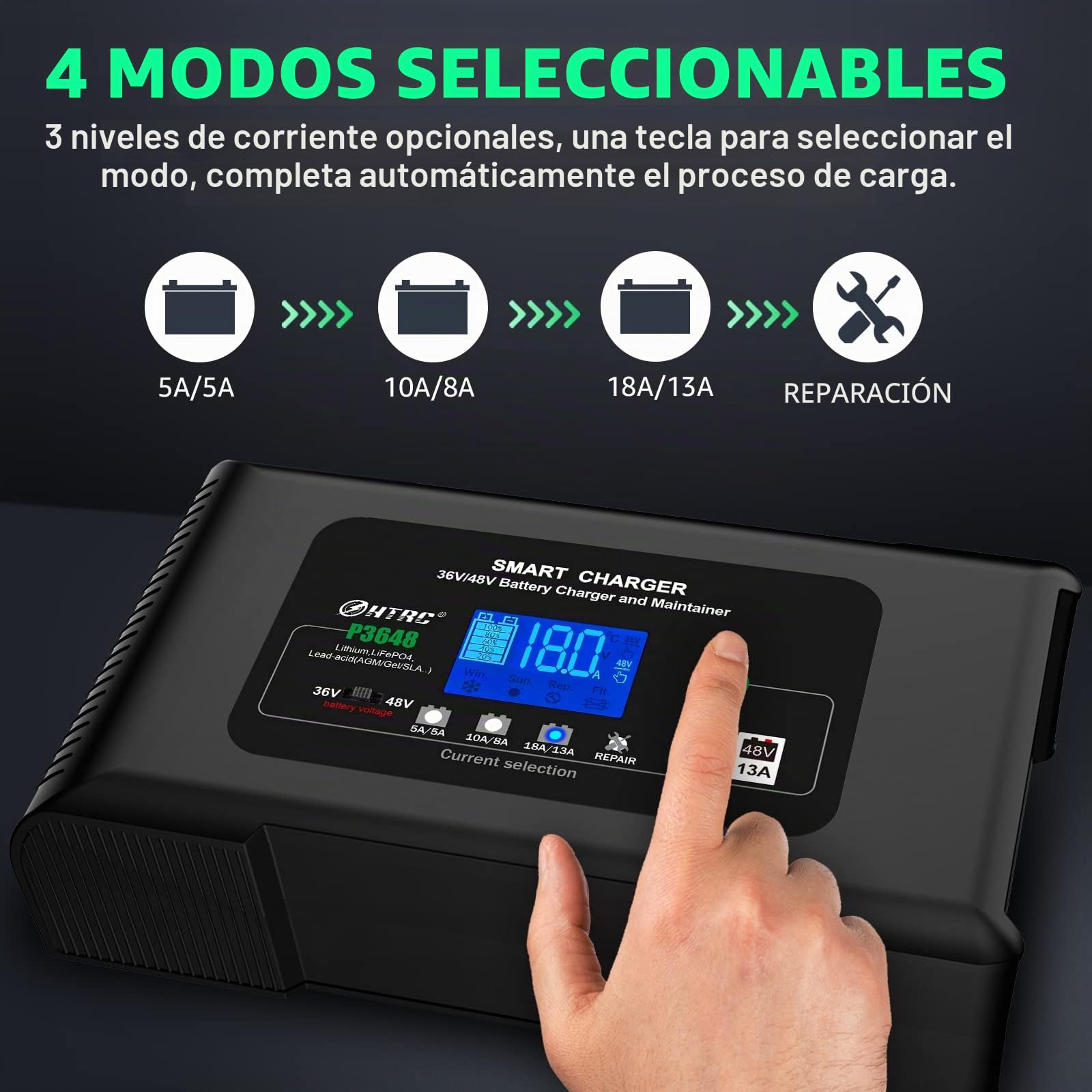 Haisito P3648 Cargador 36V 18A / 48V 13A, Cargador Baterias Coche y Moto Rápido Inteligente, Desulfatador y Mantenedor para Litio LiFePO4 Plomo ácido AGM Carro Golf EZGO TXT