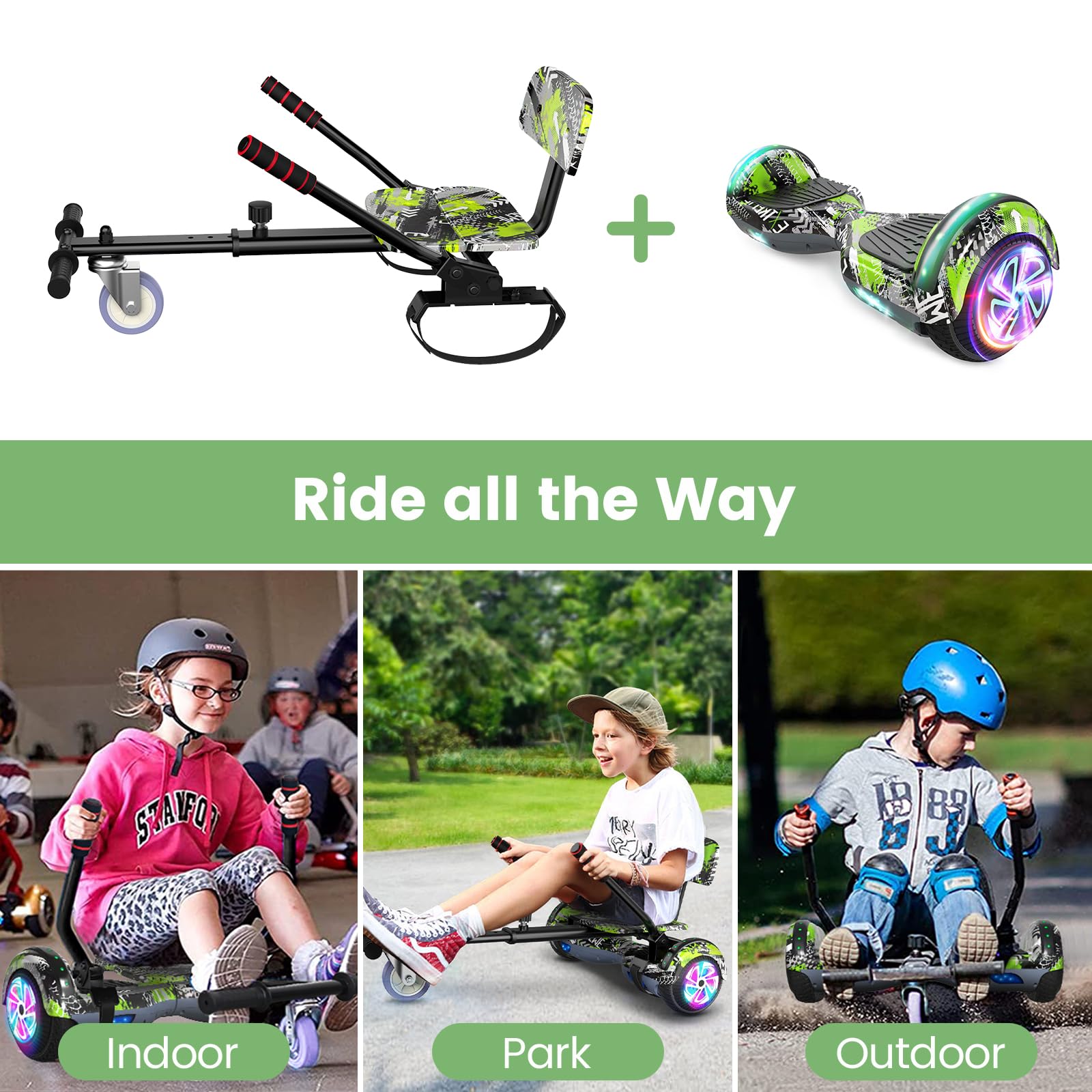 SISIGAD Hoverboard mit Kartsitz, Bluetooth-Lautsprechern und LED-Licht, 6,5-Zoll-Reifen, leistungsstarker Doppelmotor, Offroad-Hoverboard