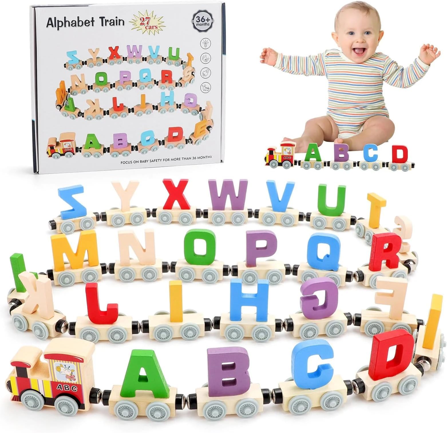 Magnetic Wooden Alphabet & Number Train Blocks Set – 9 Wooden Train Carriages with Engine, & Counting Educational Toy, Interactive Preschool Learning for Kids (ALPHABETIC TRAIN)