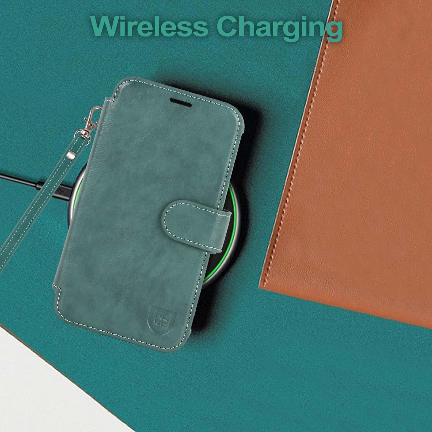 VANAVAGY Compatible for iPhone 15 Wallet Case for Magsafe Wireless Charging,PU Leather Flip Folio Case [Screen Protector & Camera Cover] with Wrist Strap RFID Blocking Card Holder,Forest Green