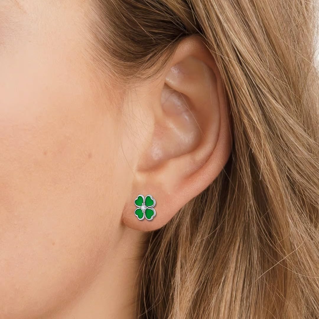 Rnivida Sterling Silver Clover Stud Earrings, Green Shamrock Earring for Women
