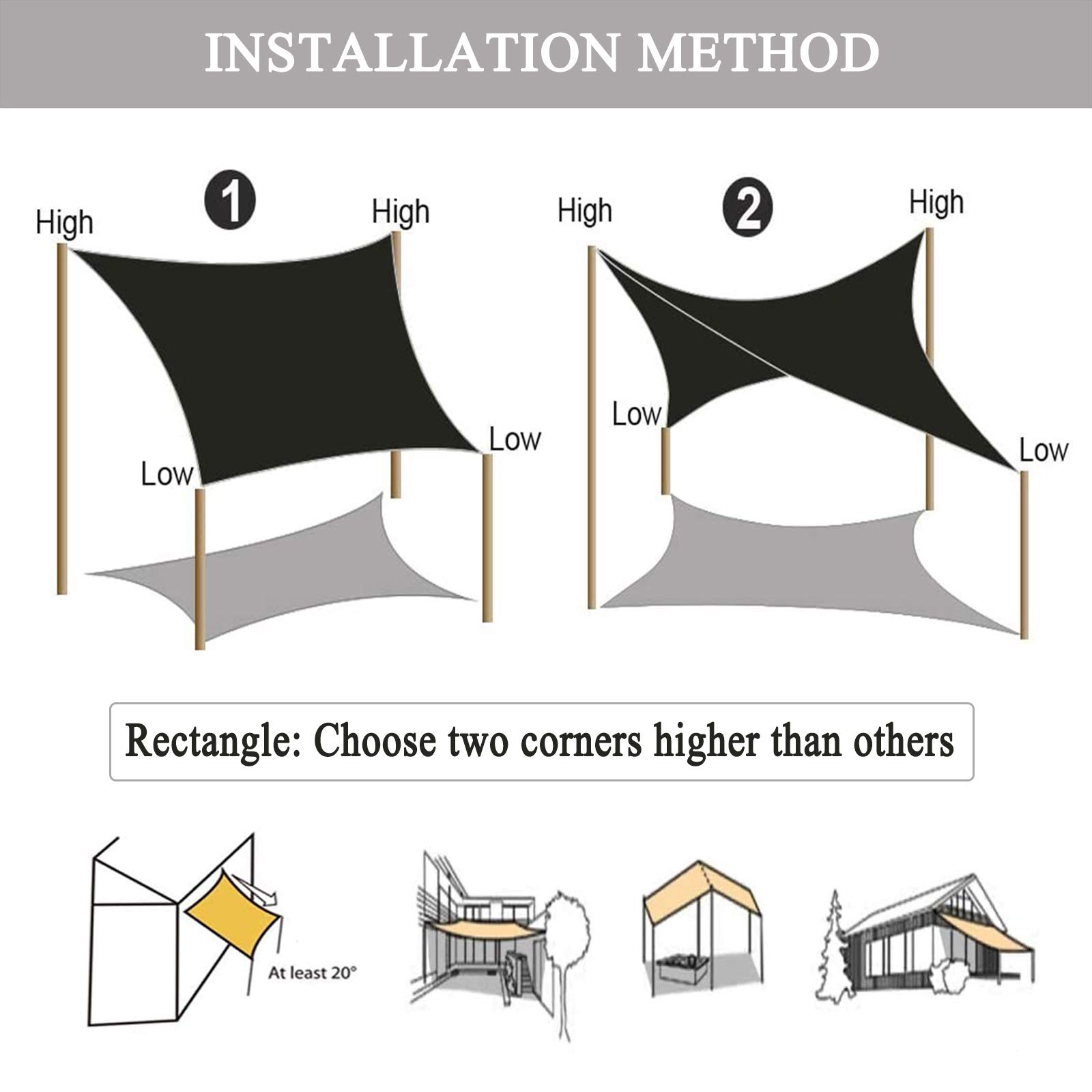 Sun Shade Sail Canopy Rectangular Waterproof UV Block Sun Shade Awning with Fixing Kit, for Outdoor Patios Garden Backyard-Cream|| 3x3m(9.8x9.8ft) — view 7