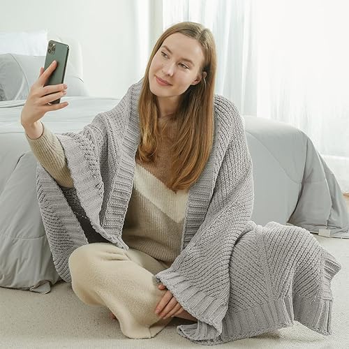 Miniatura 8 de Amélie Home Manta de punto de felpilla con diseño de cheurón para sofá, manta suave decorativa con textura acogedora para sofá y silla, 60 x 80