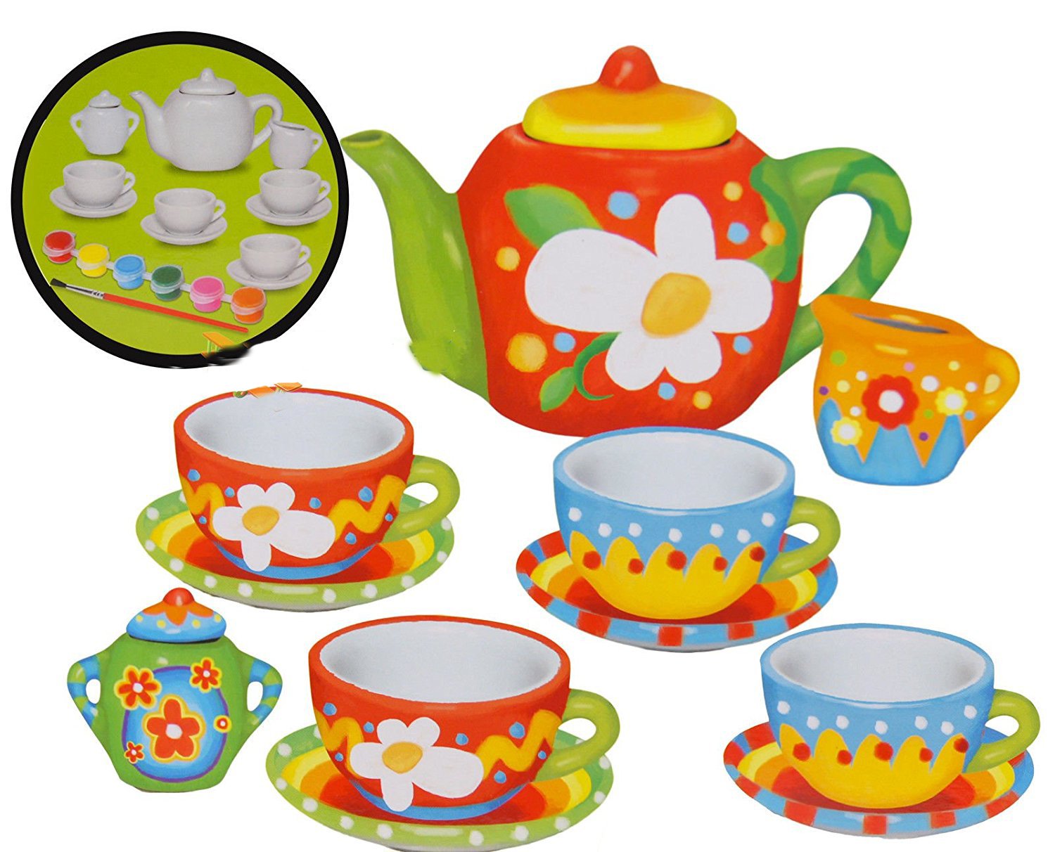 KidsCraft Toys Paint Your Own Mini Tea Set 13 Pieces Ceramic tea Set