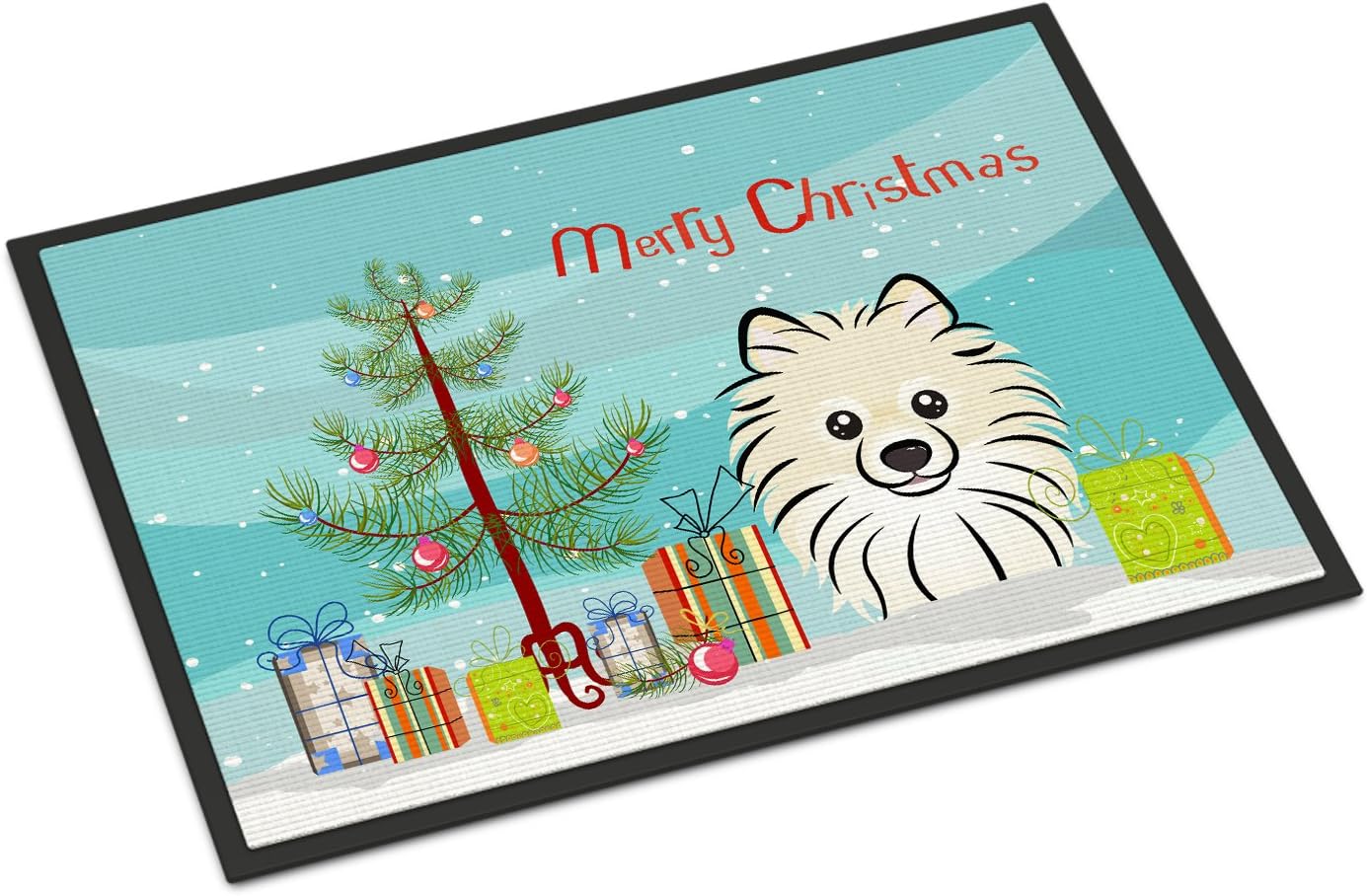 Caroline's Treasures BB1579MAT Christmas Tree and Pomeranian Doormat 18x27 Front Door Mat Indoor Outdoor Rugs for Entryway, Non Slip Washable Low Pile, 18H X 27W