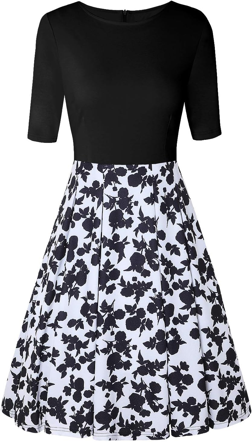 MISSJOY Women's Vintage Patchwork Half Sleeve Slim Fit and Flare Floral Swing Dress (S, Black&White+Navy Floral)