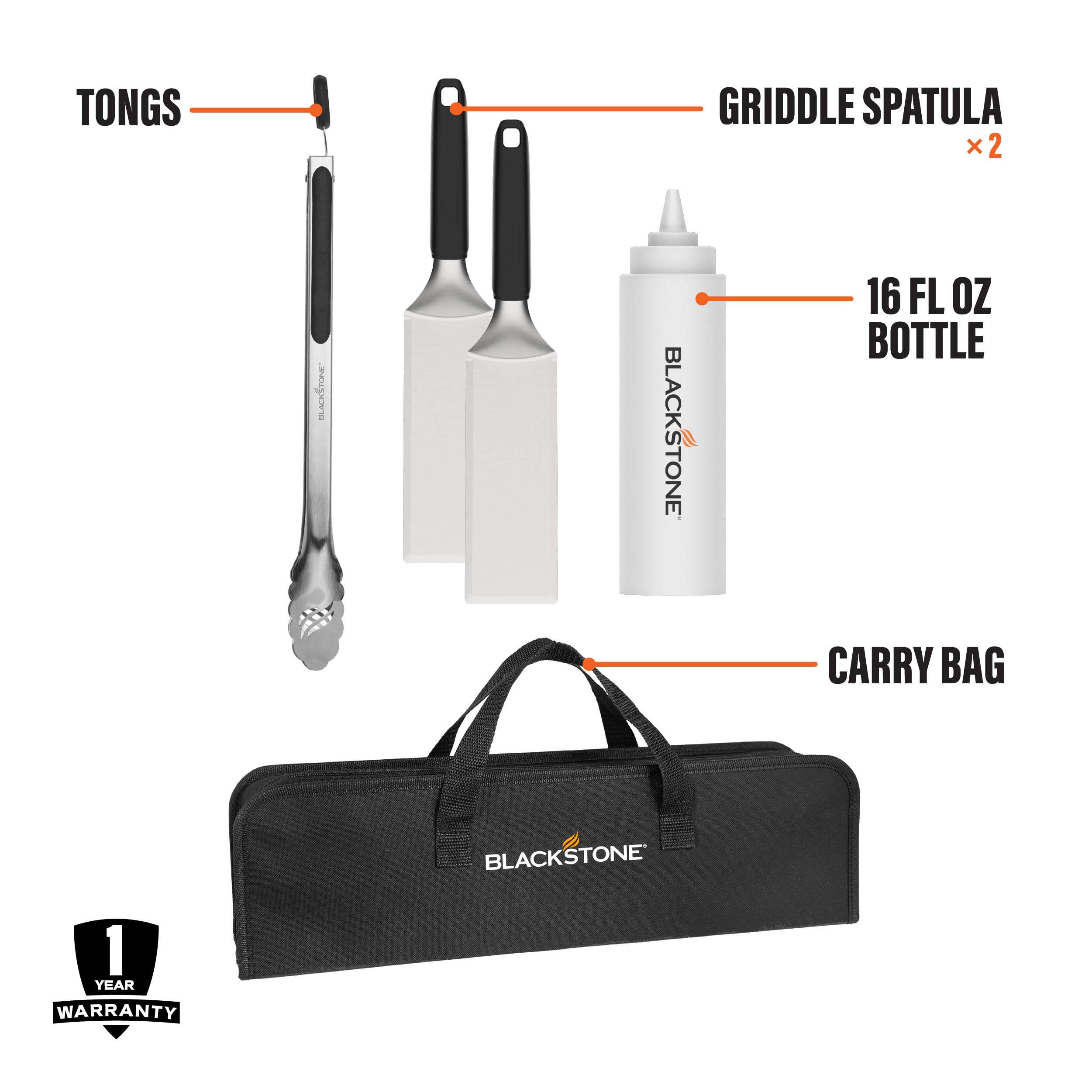 Blackstone 5481 - Kit di 5 utensili per griglia da tavolo, per esterni e interni, 2 spatole in acciaio inox, 1 pinza classica, bottiglia da spremere da 473 ml, 1 borsa per il trasporto, nero, argento,