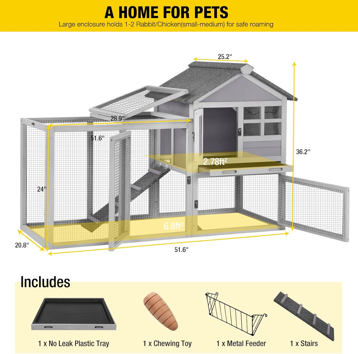 Aivituvin 51.6''L Rabbit Hutch Outdoor Chicken Coop Indoor Bunny Cage with Run,Guinea Pig House Pull Out Upper Tray 51.6" L x 25.2" W x 36.2" H (Grey)