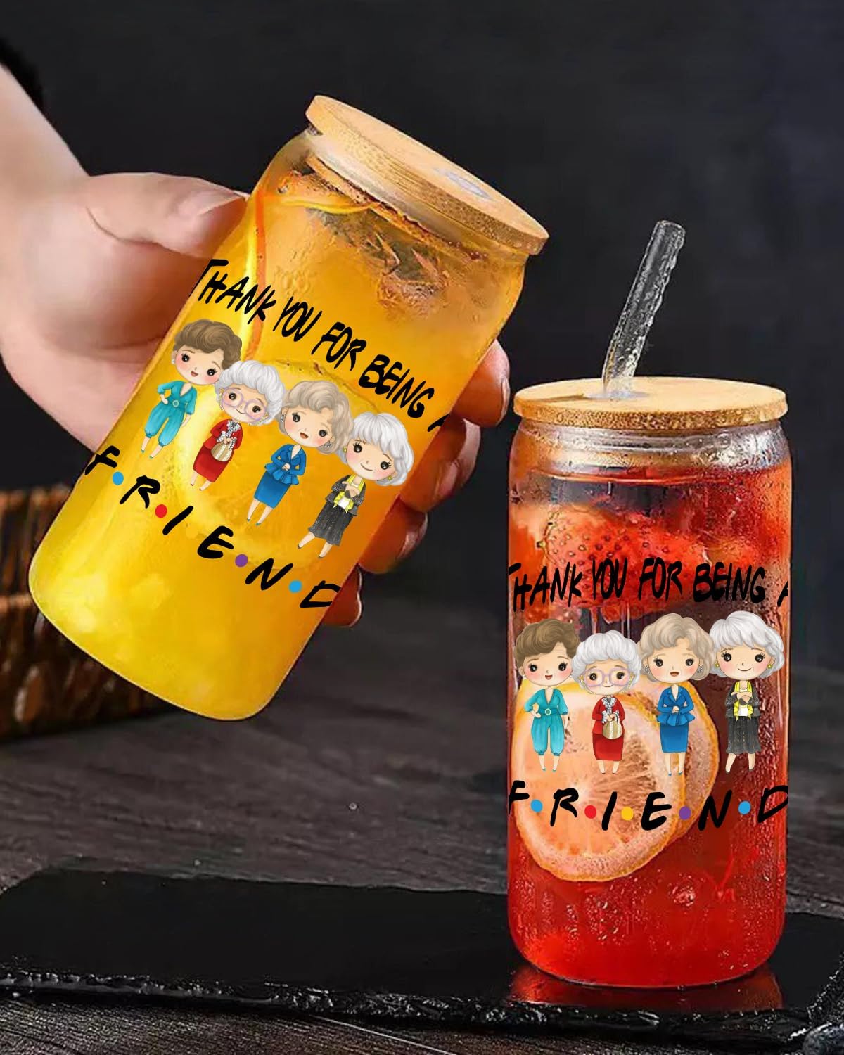 Thank You for Being A Friend - Funny Iced Coffee Glass Cup with Lid and Straw, Golden Girls Merchandise TV Show Gifts for Women Girls Fans - 16 Oz Coffee Glass