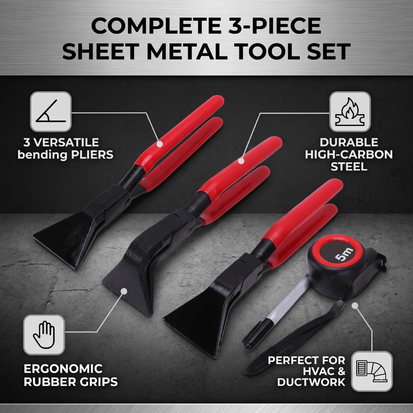 banapoy Juego Herramientas Chapa Metálica Cerradoras Manuales 3 uds | Mandíbulas 45° 90° Alicate doblador metal recto acero, agarre conductos fabricación, con caja almacenamiento Techos HVAC