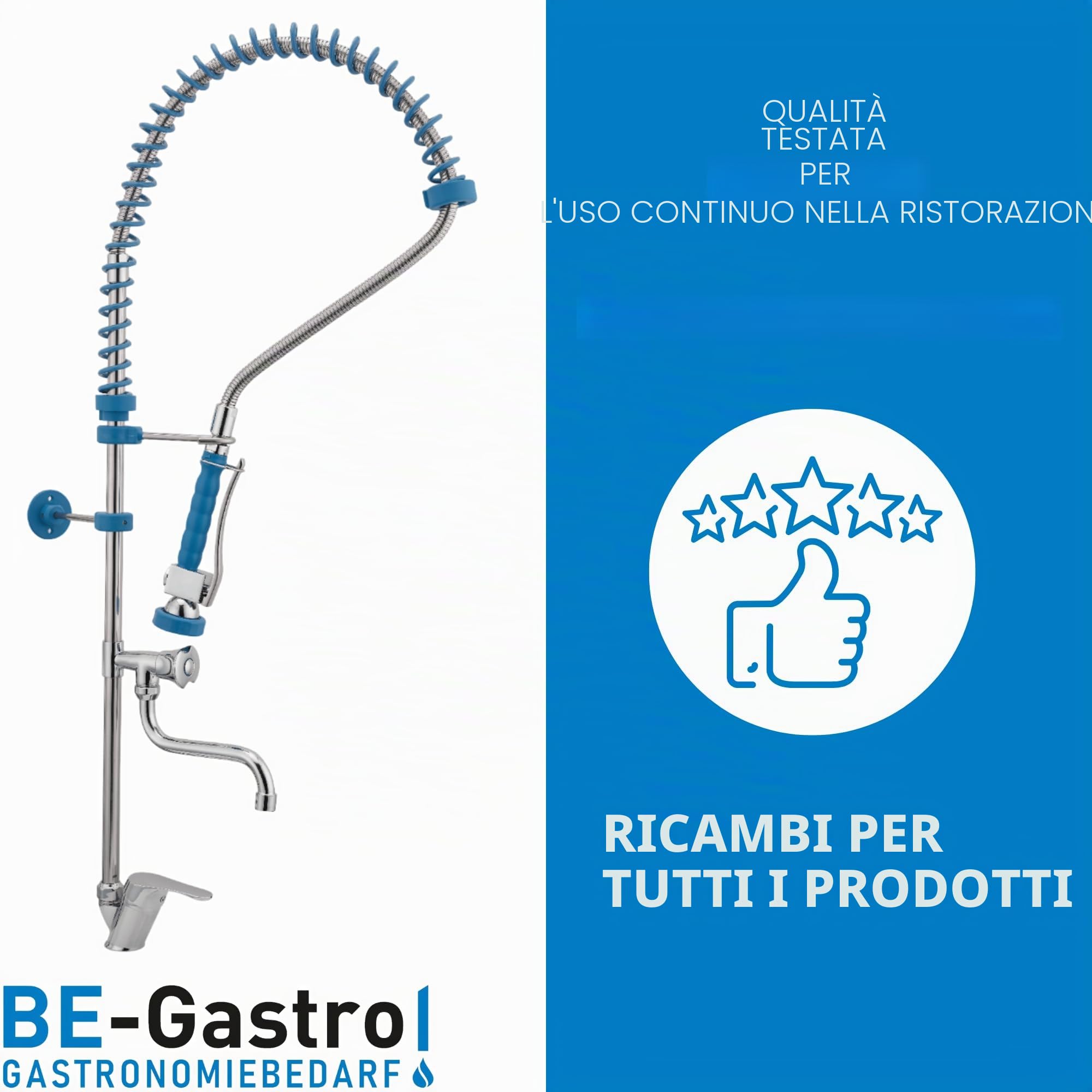 BE-GASTRO | Rubinetto professionale set di prelavaggio stoviglie per cucine di ristoranti Gruppo doccia con miscelatore monoforo, monocomando multigiro e Rubinetteria