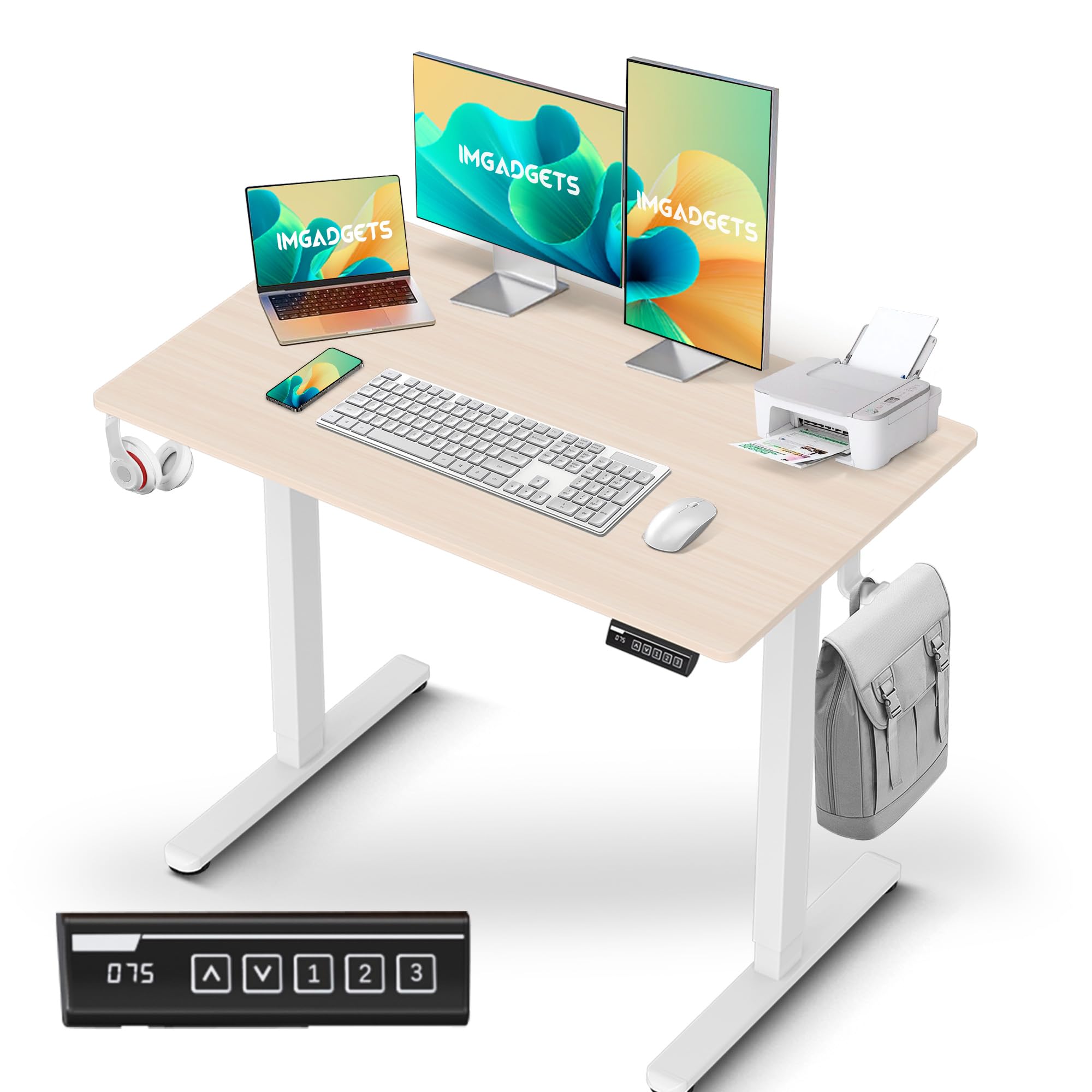 IMGadgets Electric Standing Desk, 40x24 Inches Height Adjustable, 2026 6th Gen Quieter Motor Ergonomic Sit Stand Desk, Computer Desk for Home Office, Height Memory Buttons, Display, 2 Holders (Ivory)