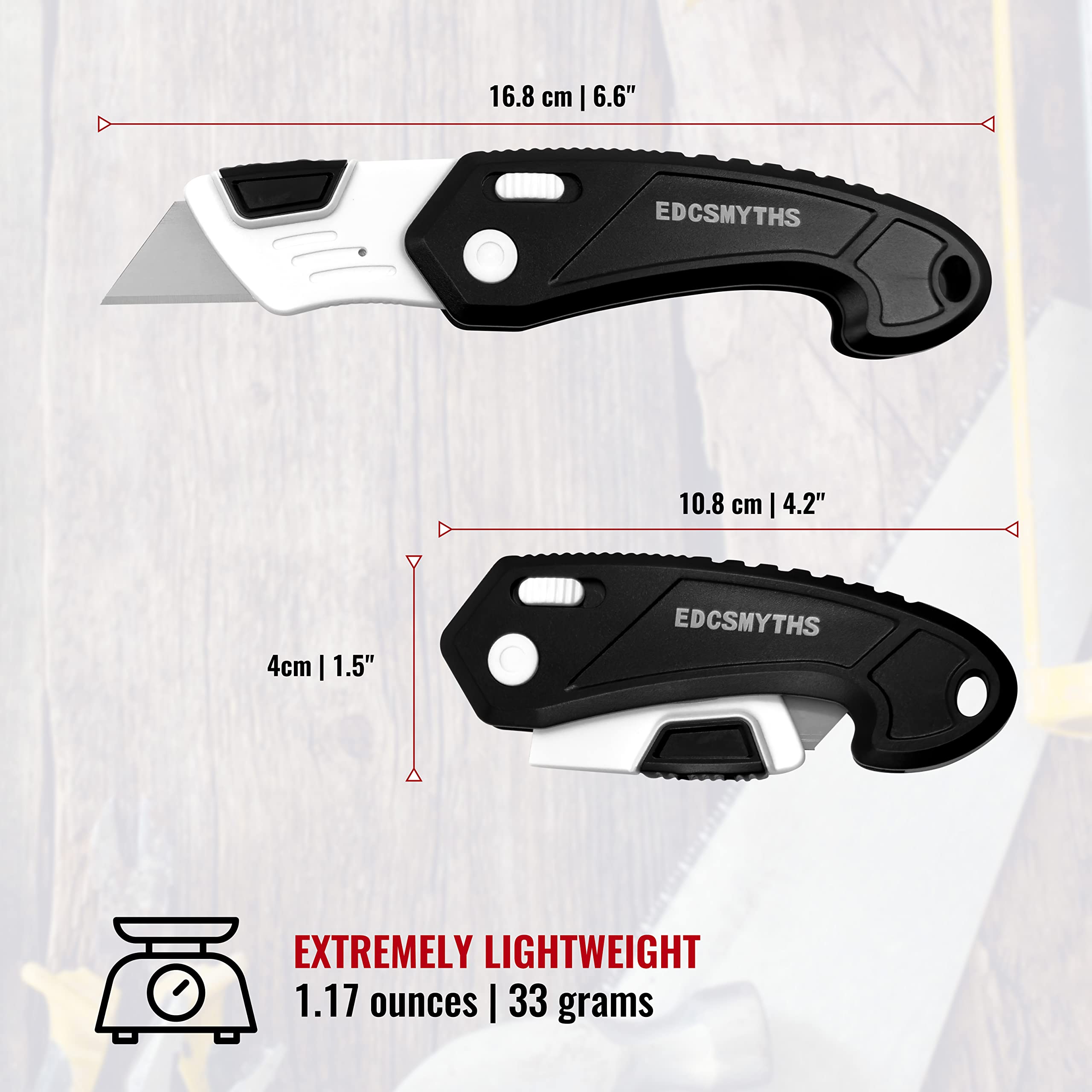 EDCSMYTHS Folding Pocket Utility Knife, Weather & Rust Resistant ABS Plastic Body, Ergonomic Design, Strong Grip, Built-in Keyring/Lanyard Hole, Easy Open/Close Folding Blade, Large 1 Piece