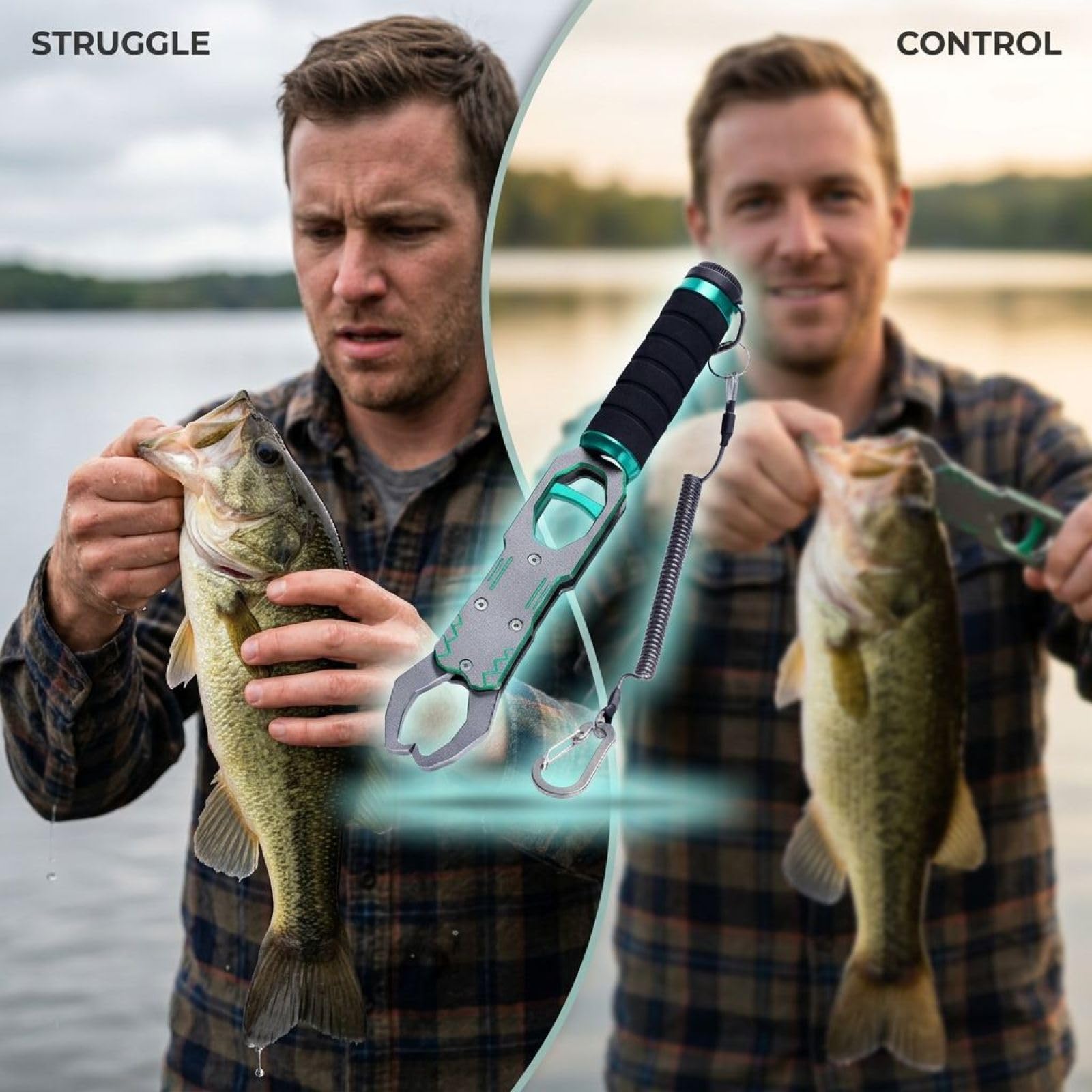 Generisch Herramienta de pesca de aluminio de 11 in / 28 cm para agarrar y controlar, ligera y resistente a la corrosión, con agarre seguro, mango giratorio de 360 grados y cuerda antipérdida