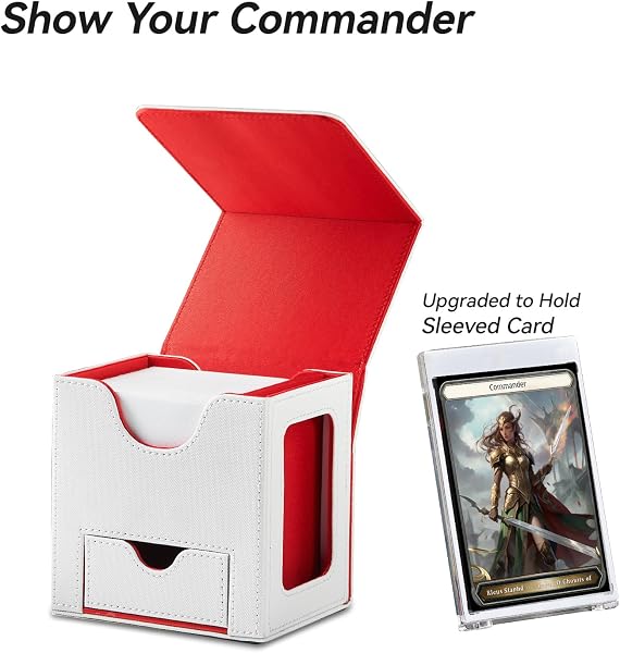 Mage Tech Caja de Mazos Commander para MTG - Diseño Patentado, Exhibición de Commander, Apta para 100 Cartas con Doble Funda, Soporte Magnético de Cartas de 35pt & Bandeja para Dados - blanco/rojo - 2