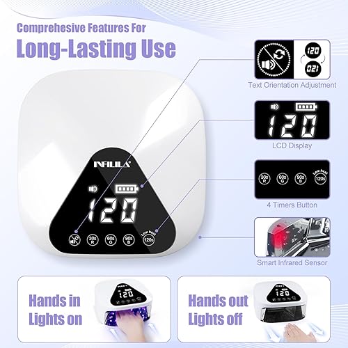 Miniatura 3 de NXJ INFILILA Lámpara de uñas recargable, lámpara de uñas LED UV inalámbrica, lámpara de uñas inalámbrica, luz UV profesional de 54 W para uñas de