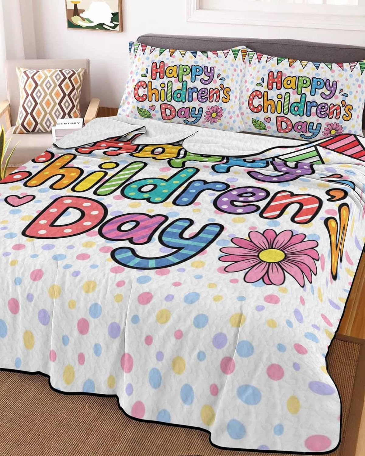Quilts Twin Size Bedding Set, Children's Day Lightweight Quilted Comforter, Cartoon Colorful Polka Dot Flowers Leaf Soft Reversible Bedspread Coverlet with Pillow Covers for All Season, 68" x 86"