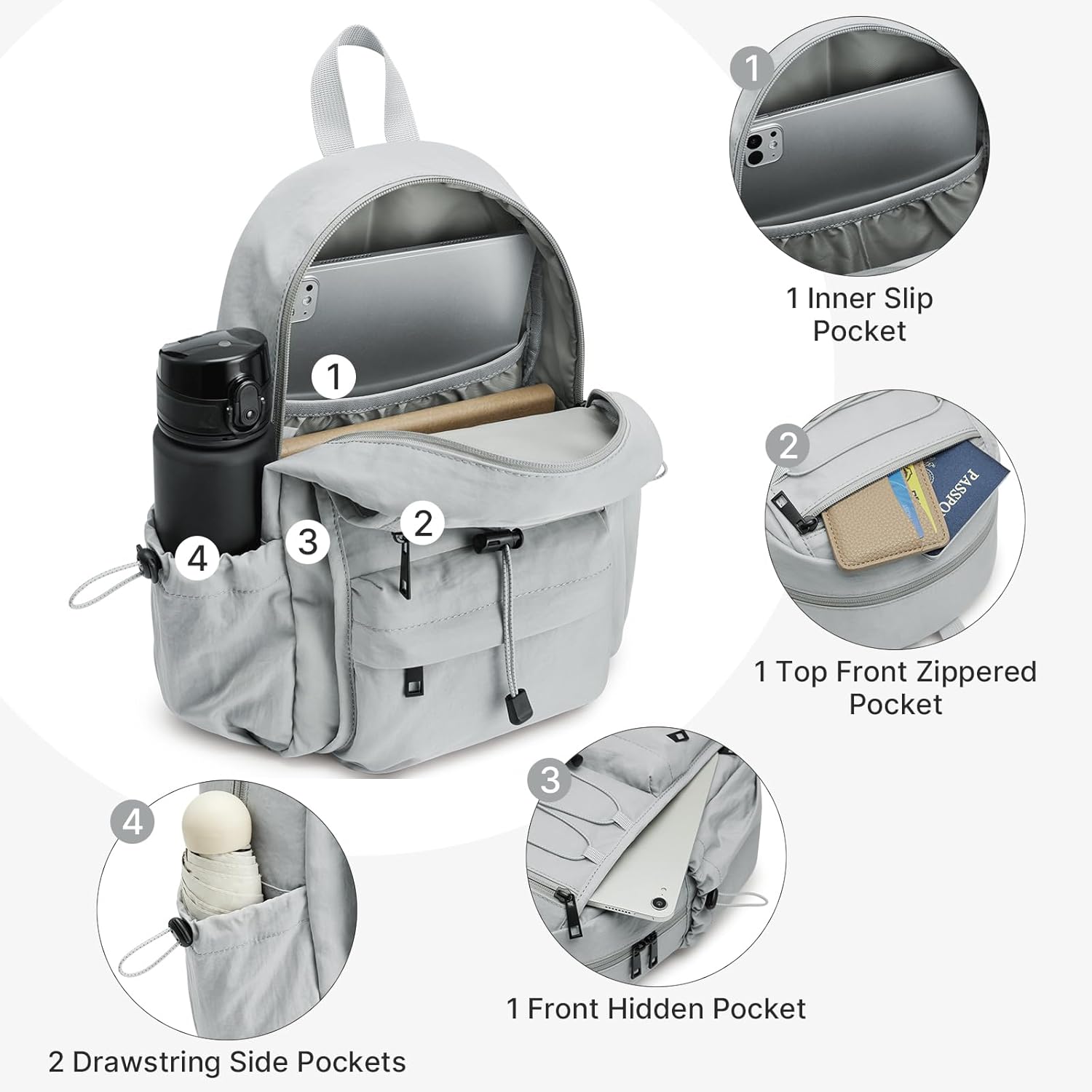 G4Free 10L Small Backpack for Women Men Lightweight Mini Travel Backpacks Hiking Casual Daypack, Light Gray