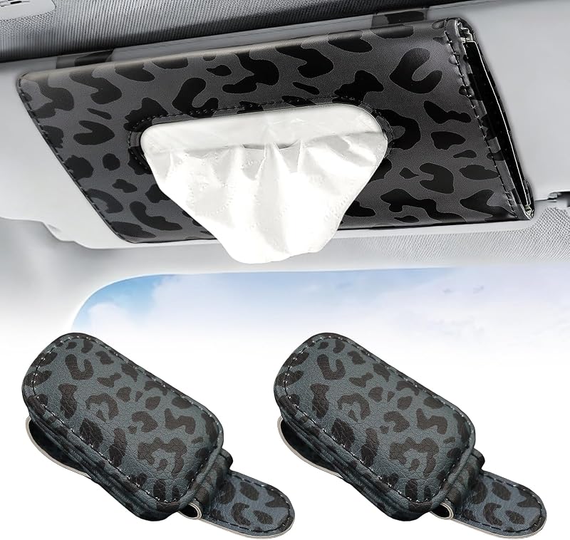 Kit JINGSEN com 2 suportes magnéticos para óculos e 1 porta-lenços para carro, acessórios para para-sol em couro com estampa de leopardo preto