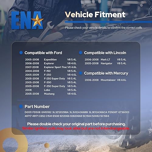 Miniatura 3 de ENA Juego de 8 bobinas de encendido de arranque recto compatibles con Ford Lincoln Expedition Explorer F-150 Super Duty Mustang Mountaineer 4.6l