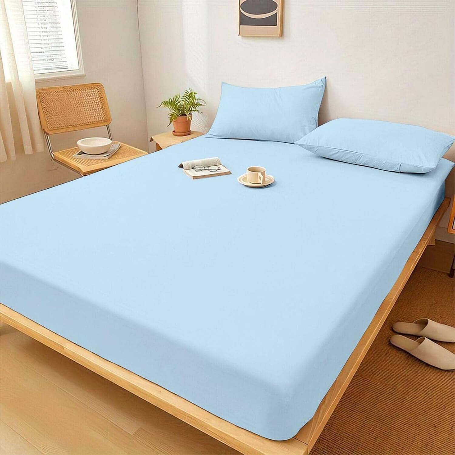 Cottingon King Size Fitted Sheet - 100% Cotton Bed Sheet, Soft & Breathable, Deep Pocket up to 15", Fully Elasticized Mattress Cover, Hotel Quality, 1 Piece Luxury Fitted Sheet Only - Light Blue