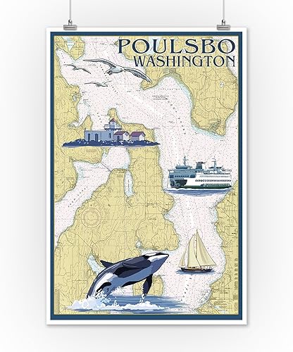 Vista 2 de Lantern Press Poulsbo, Washington, carta náutica (impresión artística de 12 x 18 pulgadas, póster de viaje para decoración de pared)