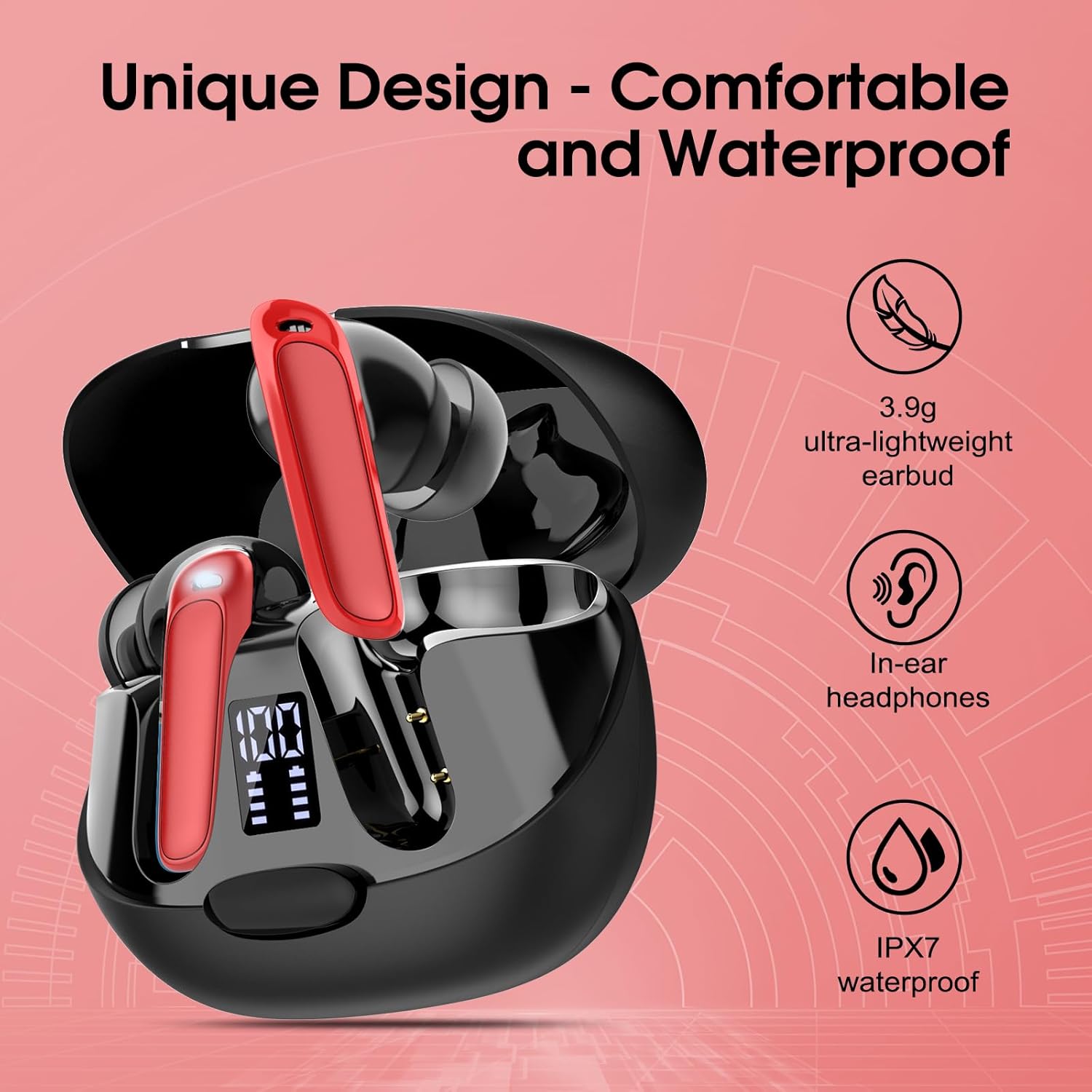 Image showing the SKIUDCT EV68 charging case with earbuds inside, connected to a Type-C charging cable, and an LED display indicating battery level.