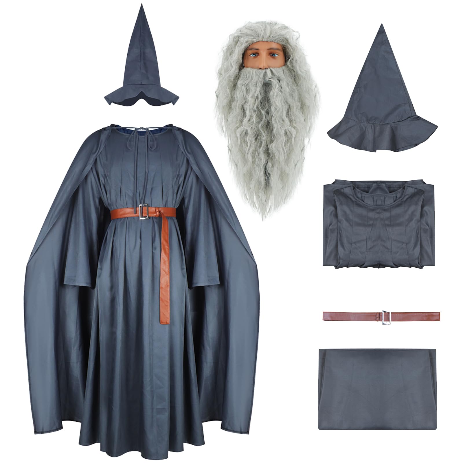 Wizard Costume with Wig Adult Warlock Robe Men Sorcerer Costume Grey Cloak Hat Cape Halloween Cosplay Outfits