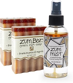 Indigo Wild Zum Bundle - Zum Bar Goat's Milk Soaps & Zum Mist - Soap Bars & Room & Body Spray - Perfect for Self-Care - Frankincense & Myrrh Scent - 2 Soap Bars (3 oz) & 1 Zum Mist (4 fl oz)